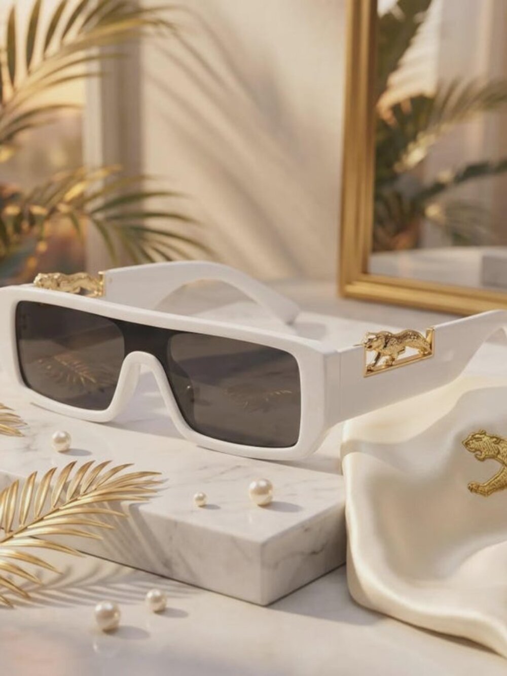 White Leopard Accent Sunglasses - Gold Jaguar Temple Shades